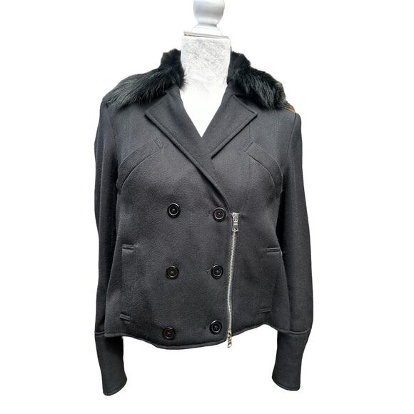 Jenni‎ Kayne Jacket Pea Coat XS Black Wool Fox Fur Collar Crop Silk Designer - Picture 9 of 14